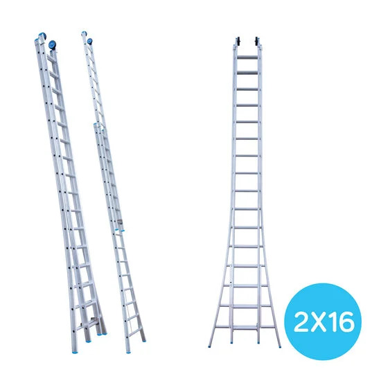 Dviejų sekcijų kopėčios 2x16 + fasadiniai ratai