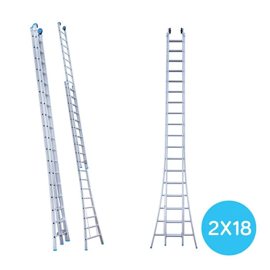 Dviejų sekcijų kopėčios 2x18 + fasadiniai ratai