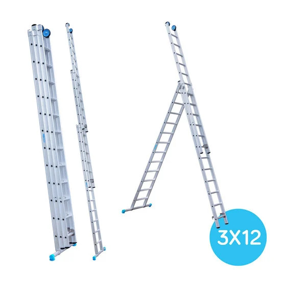 Trijų sekcijų kopėčios 3x12 + fasadiniai ratai Trijų sekcijų kopėčios 3x12 + fasadiniai ratai